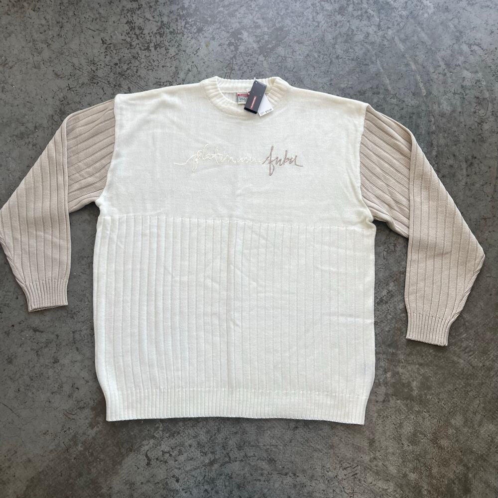 NWT Platinum FUBU Vintage XL Knit Sweater Cream Khaki Deadstock 90s Streetwear